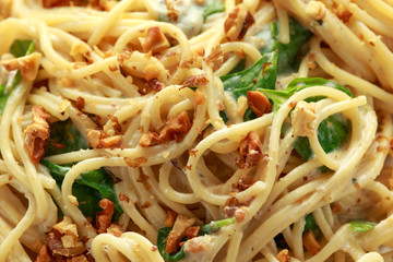 Pasta with roasted walnut, ricotta white pesto sauce, parmesan cheese and spinach