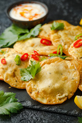 Traditional Indian snack food, chicken and vegetable staffing kachori
