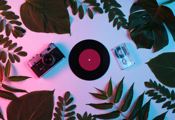 Retro style background. Retro camera, vinyl record, audio cassette,  among green leaves on background with gradient neon blue pink light. Top view