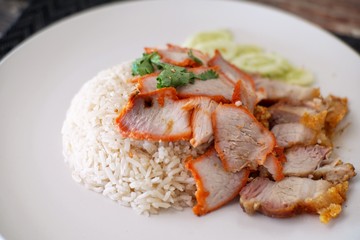 Barbecued red pork and crispy pork with sauce and rice 