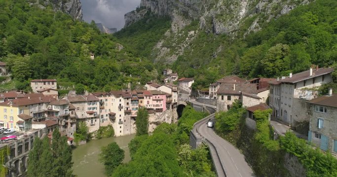 Pont-en-Royans aerial back traveling, Is&egrave;re, France