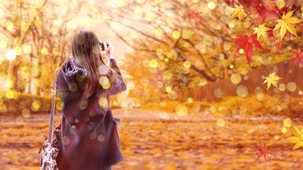 web banner design for autumn season and end year activity with solo woman photographer take photo...