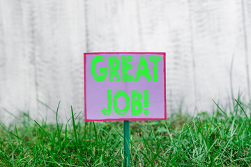Text sign showing Great Job. Business photo text used praising someone for something they have done very well Plain empty paper attached to a stick and placed in the green grassy land