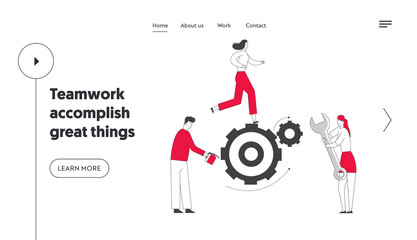 Alternative Thinking, Team Working Process Website Landing Page. Tiny Business People Generating Ideas Set in Motion Huge Cogwheels Gears Mechanism Web Page Banner. Cartoon Flat Vector Illustration