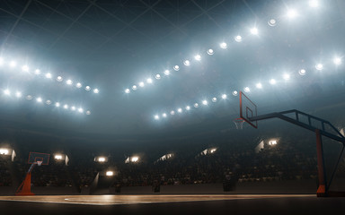 Basketball court with hoop. Floodlit sports arena. © TandemBranding