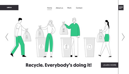 Recycle Environmental Pollution Problem Website Landing Page. People Throw Garbage into Recycling Containers, Collecting Trash. Ecology Protection Web Page Banner. Cartoon Flat Vector Illustration