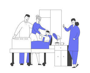 Doctor and Nurse in Chamber Visiting Little Patient. Medicine Health Care, Medical Staff Practitioner and Boy with Mother in Hospital Consultation Diagnosis Treatment Cartoon Flat Vector Illustration