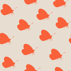 The seamless pattern with bright orange butterflies is on a dim background.