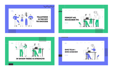 Fototapeta na wymiar Teamwork and Brainstorm Website Landing Page Set. Businesspeople Team Project Development, Creative Process in Office. Business People Discussing Idea Web Page Banner. Cartoon Flat Vector Illustration