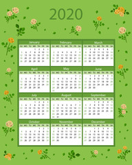 Calendar 2020. Week starts on Sunday. Floral design on green background