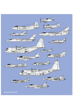 American navy and air force attack planes. Aircraft profiles. Outline vector drawing