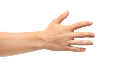 Young man held out hand on white background, closeup