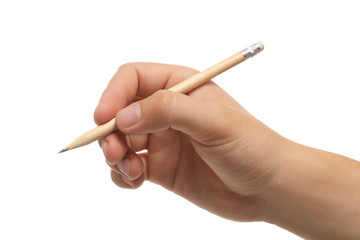 Young man holding pencil on white background, closeup