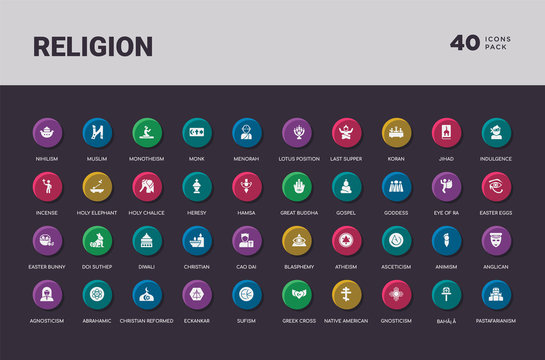 religion concept 40 colorful round icons set