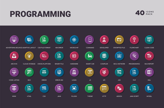 programming concept 40 colorful round icons set