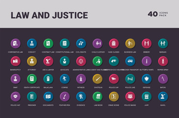 law and justice concept 40 colorful round icons set