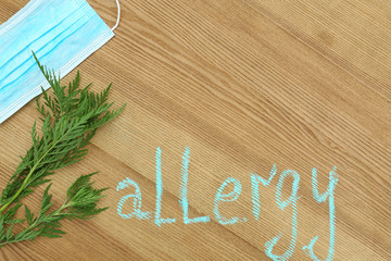 Flat lay composition with ragweed plant (Ambrosia genus) and word "ALLERGY" written on wooden background. Space for text