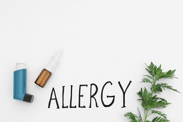 Ragweed plant (Ambrosia genus), asthma inhaler, medicament spray and word 