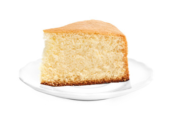 Piece of delicious fresh homemade cake on white background