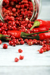 red hot bird chili pepper with pepper corns