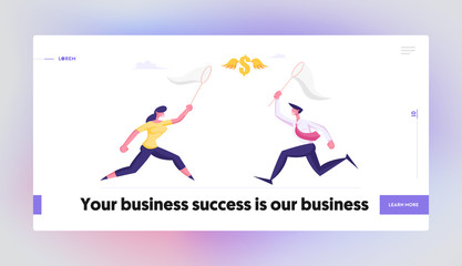 Business Opportunity Creative Idea Website Landing Page. Businesspeople Catching Flying Dollar Sign with Butterfly Net. Financial Income Source Search Web Page Banner. Cartoon Flat Vector Illustration