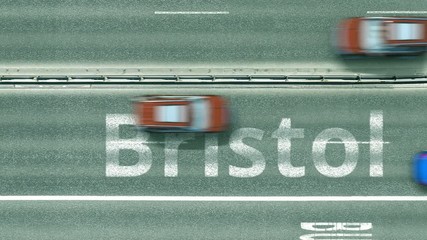 Top down view of the highway with revealing Bristol text. Driving to the United Kingdom intro clip