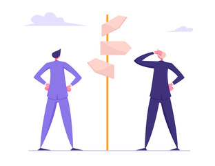 Businessmen Standing at Crossroad and Looking Directional Signs Arrows Making Important Decision for Success of Good Profit. Difficult Choice and Startup Concept. Cartoon Flat Vector Illustration