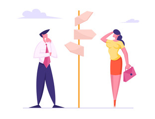 Businesspeople Making Important Decision and Choice Standing at Crossroad Pointer with Several Ways Directions in Business or Life. People Decide what Way to Choose. Cartoon Flat Vector Illustration