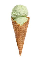 Waffle cone with sweet pistachio ice cream on white background