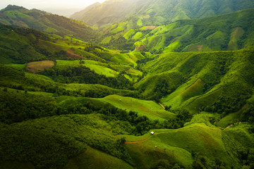 Aerial view. High mountain views and the verdant farmland of the countryside In Nan Province,...