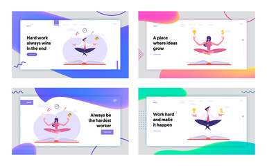 Business Yoga Meditation Website Landing Page Set. Businesspeople Relaxing and Meditating in Lotus Pose with Office Supplies Soaring over Huge Book Web Page Banner. Cartoon Flat Vector Illustration