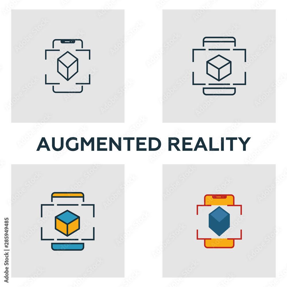Aufkleber augmented reality icon set. four elements in diferent styles from visual device icons collection. cr