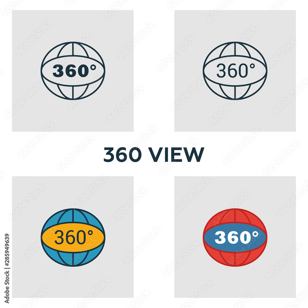 Poster 360 view icon set. four elements in diferent styles from visual device icons collection. creative 36