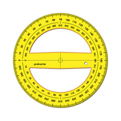 Yellow protractor, full circle 360 degrees with clockwise and counterclockwise scale, illustration
