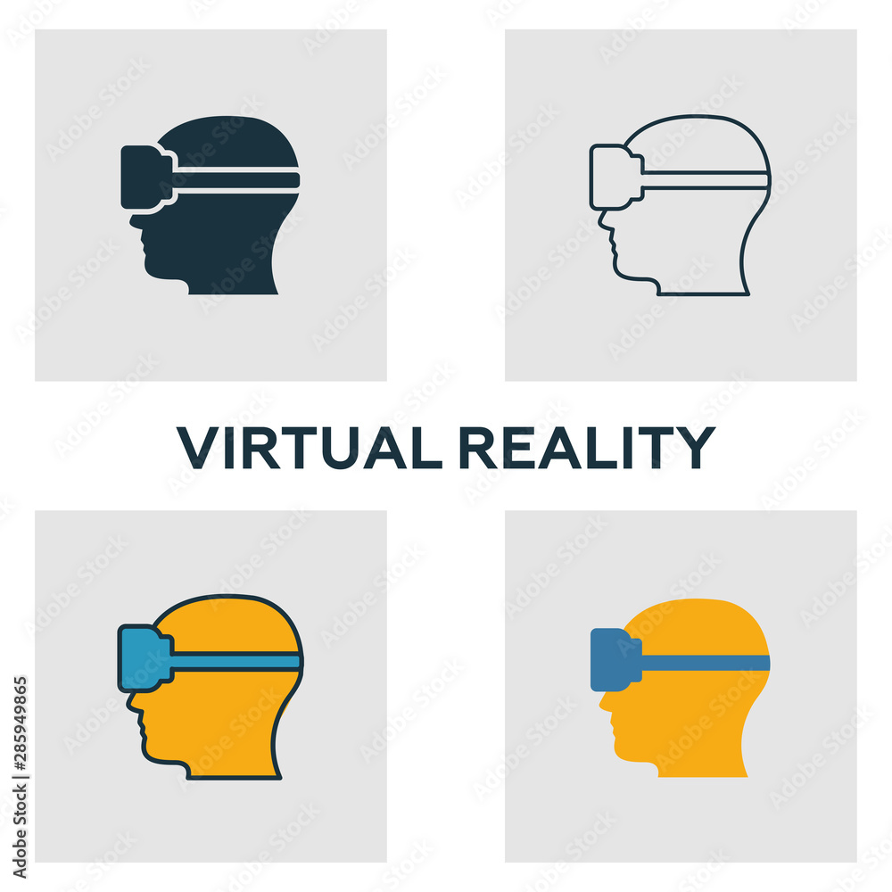 Poster virtual reality icon set. four elements in diferent styles from visual device icons collection. crea