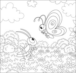 Funny butterfly and a grasshopper friendly talking among wildflowers on a field on a pretty summer day, black and white vector illustration in a cartoon style