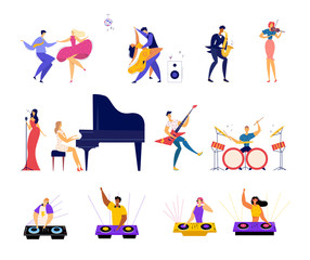 Set of Musical Hobbies and Entertainment. Happy Male and female Characters Dancing on Party, Classical and Rock Music Band Performing, Dj Mixing Beats in Bight Club Cartoon Flat Vector Illustration