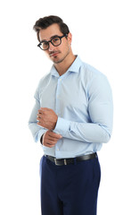 Young man with glasses on white background