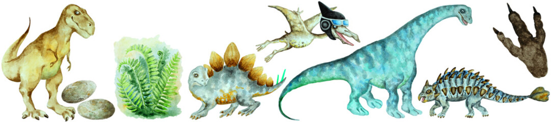 Set of dinosaur sauropod, ankylosaurus, pterodactyl, eggs, tirannosaurus, stegosaurus, fern on a white background, hand drawn watercolor, panorama.