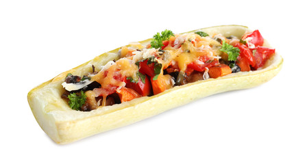 Delicious baked stuffed zucchini on white background