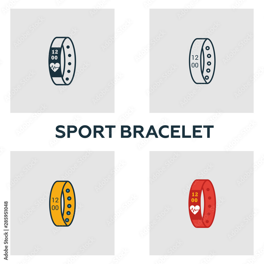 Poster sport bracelet icon set. four elements in diferent styles from visual device icons collection. creat
