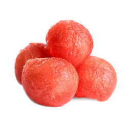 Juicy sweet watermelon balls on white background