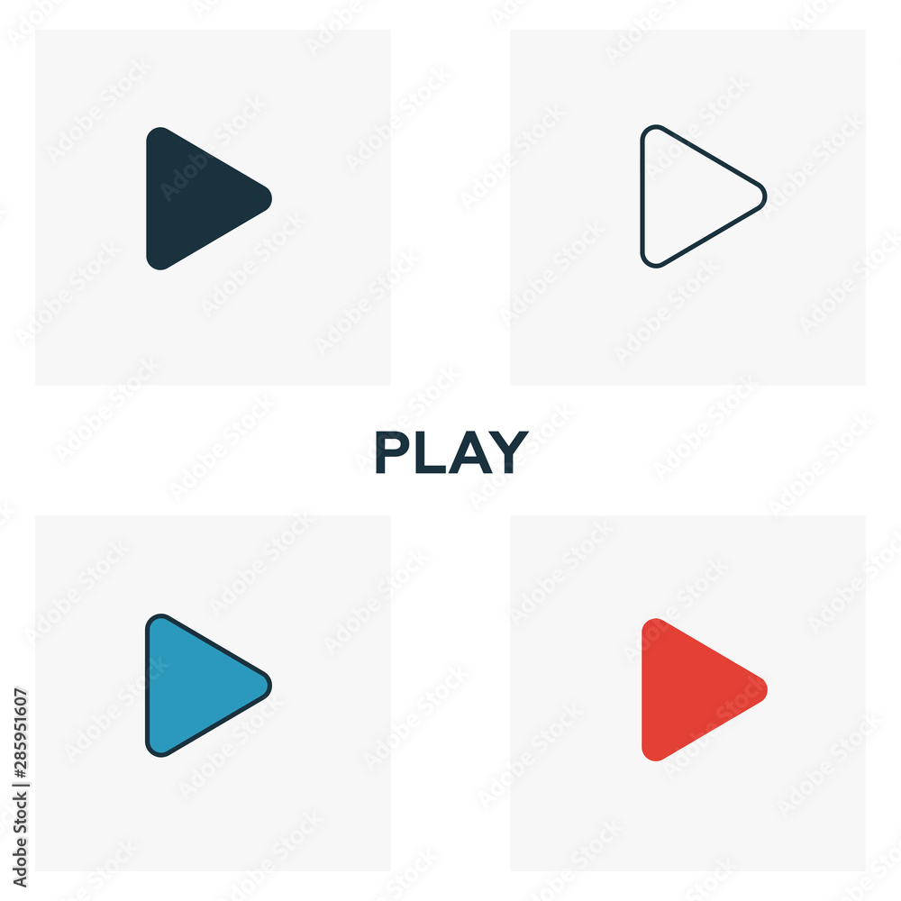 Poster play icon set. four elements in diferent styles from audio buttons icons collection. creative play i