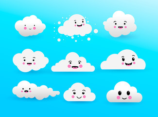 Fototapeta premium Set of kawaii cartoon white cloud cute. Vector illustration. Isolated on blue background.