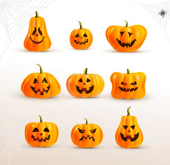Set of realistic pumpkin. The main symbol of the Happy Halloween holiday. Orange pumpkin with smile for your design for the holiday Halloween. Vector illustration. Isolated on white background.