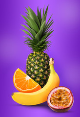 Exotic fruits. Pineapple, orange, banana, passion fruit
