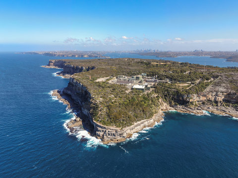 Aerial Drone View Of North Head, A Headland In Manly And Part Of Sydney Harbour National Park In Sydney, New South Wales, Australia. Manly North Head Wastewater Treatment Plant In The Foreground.