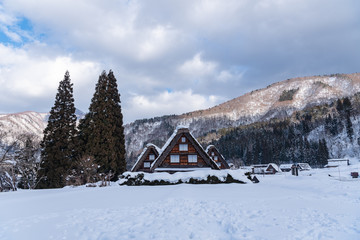 Old houses and historical village in shirakawa go of the world heritage of Japan.Winter landscape.