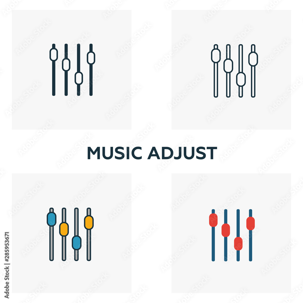 Poster music adjust icon set. four elements in diferent styles from audio buttons icons collection. creativ