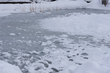 The pond covered by snow and ice.